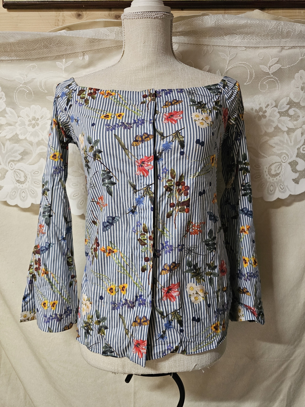 Bailey 44 Blue Striped Floral Button-Down Blouse
